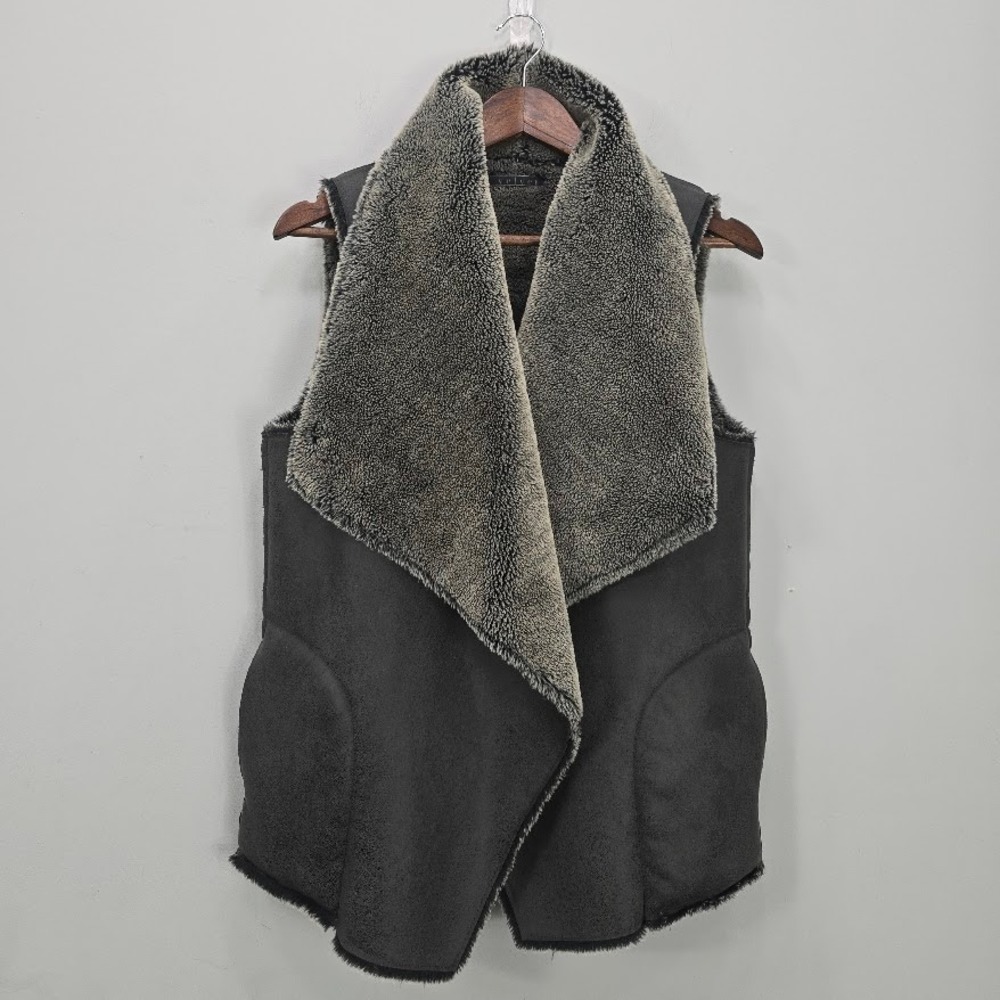 Velvet Vest Women's S Gray Faux‎ Suede Fur Lined Open Front Western Baddie Cozy